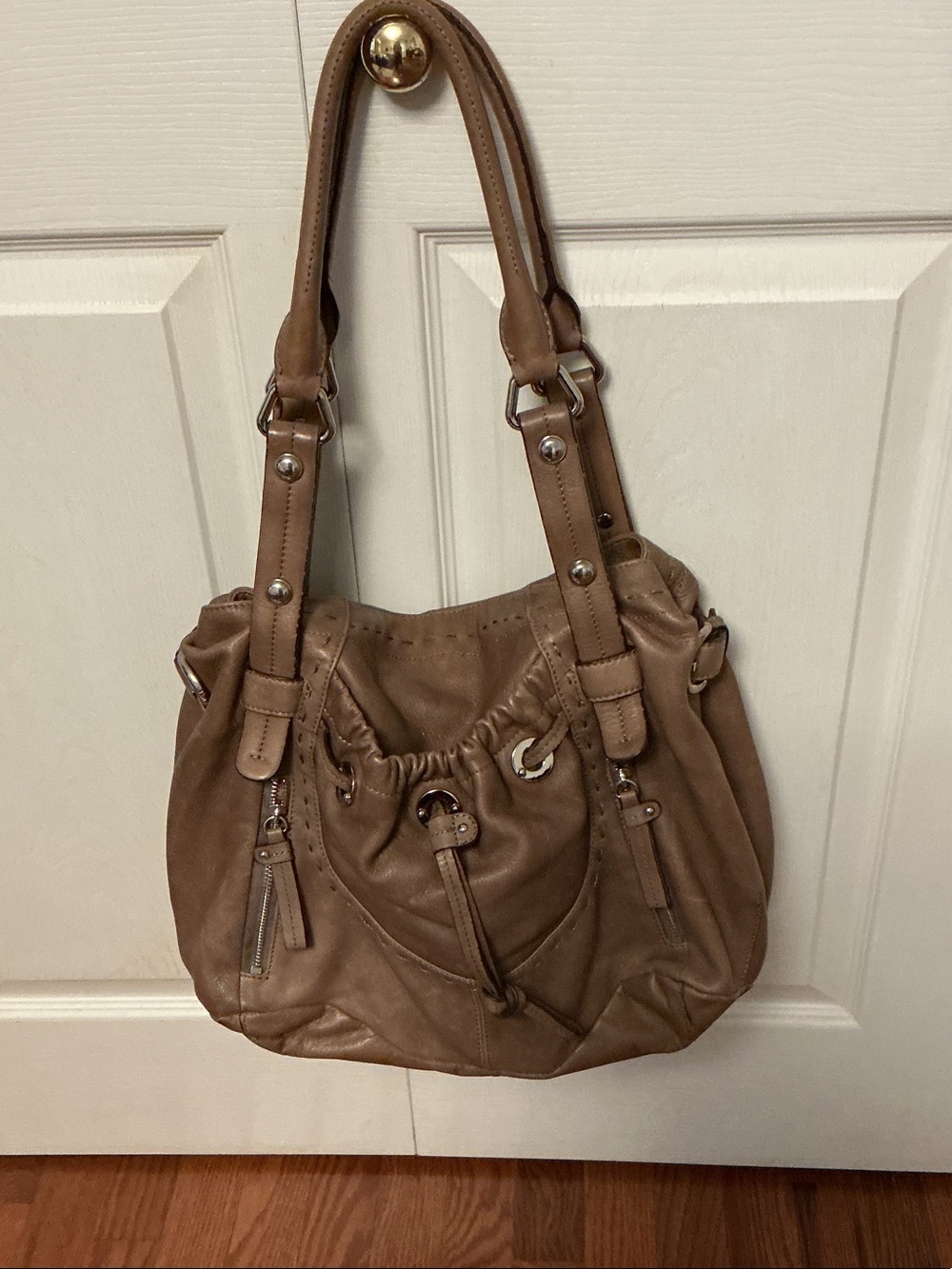 b. makowsky Taupe Brown Leather Shoulder Bag